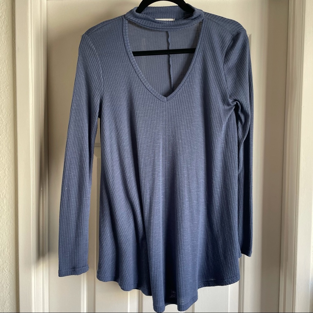 Blue Tunic Style Cut Out Sweater